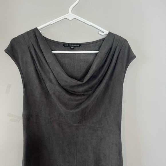 Saks Fifth Avenue Faux Suede Studded Hem Draped Neck Sleeveless Dress Gray 6 - Picture 3 of 13